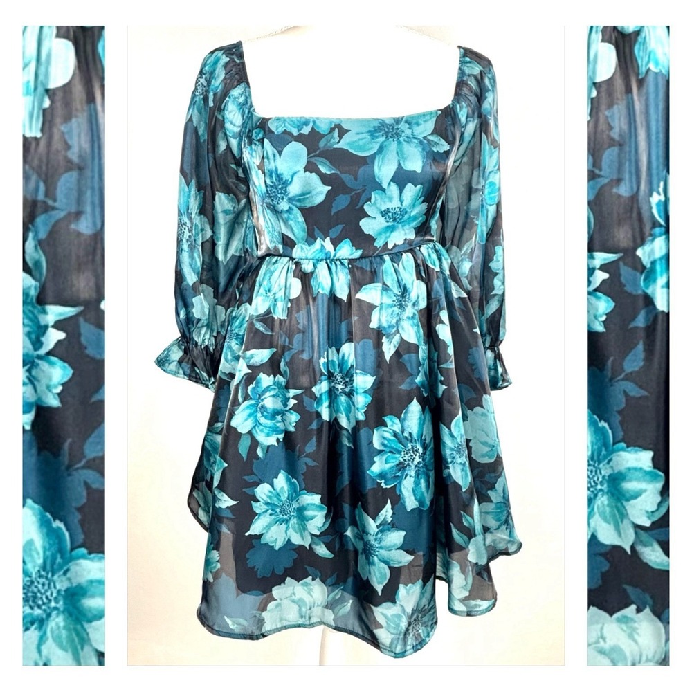 Thirty/Thirty LA Empire Waist Babydoll Dress Chiffon Floral Fairy Turquoise Med